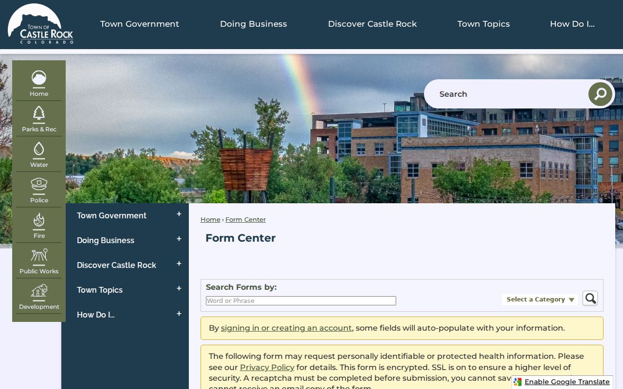 Castle Rock Municipal Court records request fields and response notice
