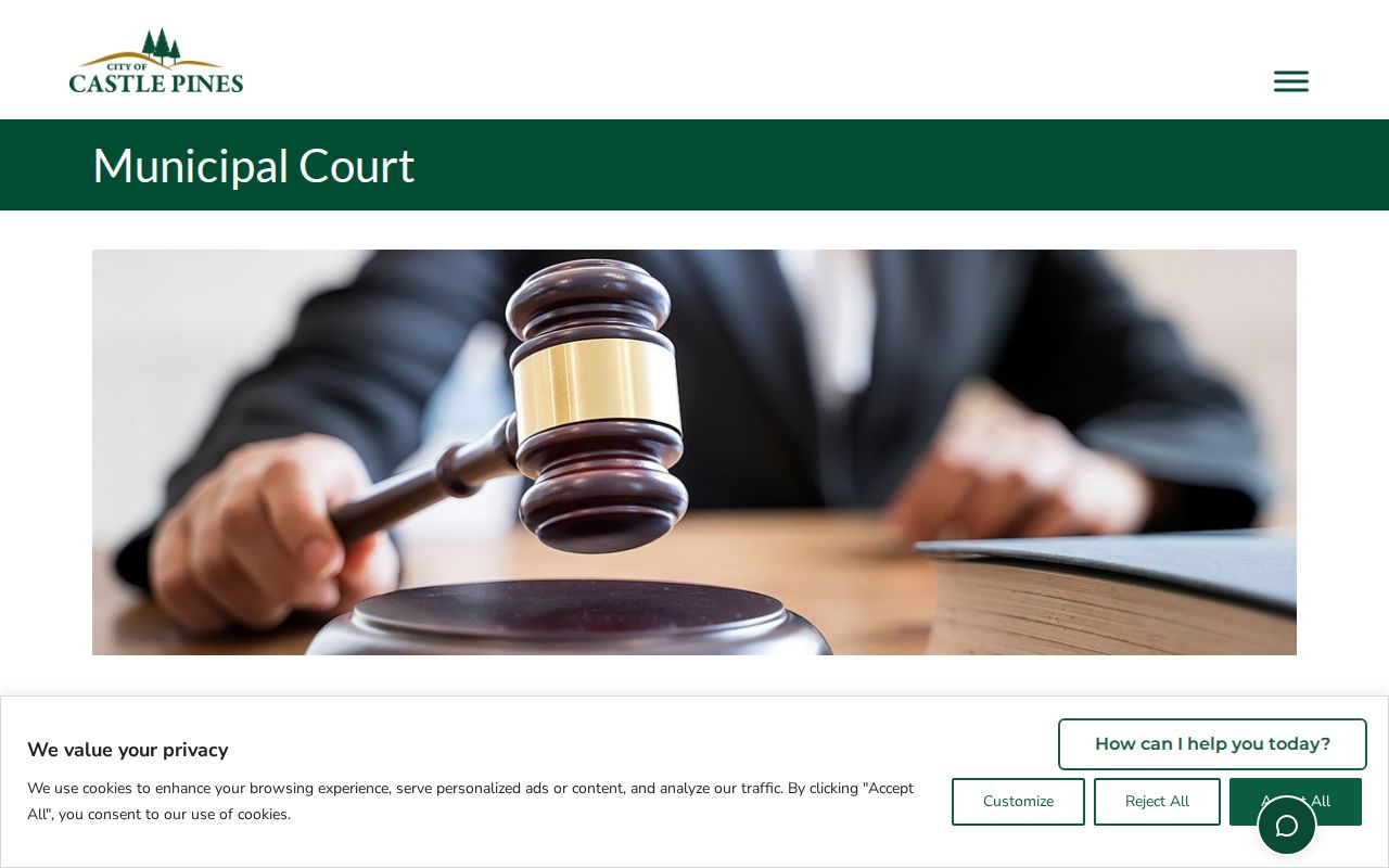 Castle Pines Municipal Court page with court scope and session details